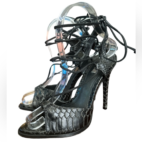 SCHUTZ Black Snakeskin Leather Tie-Up Heels - Picture 2 of 11